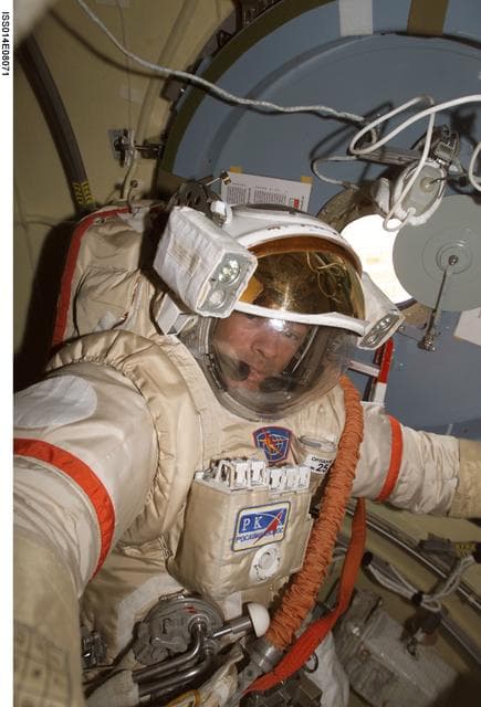 NASA image: Lopez-Alegria conducts Orlan Translation Exercise in DC1