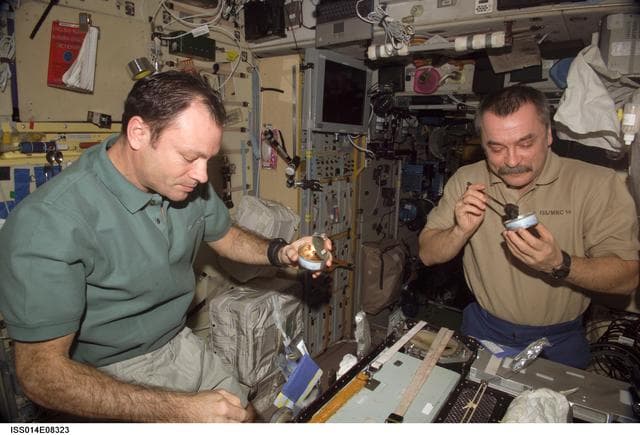 NASA image: Lopez-Alegria and Tyurin in galley area of Zvezda Service module