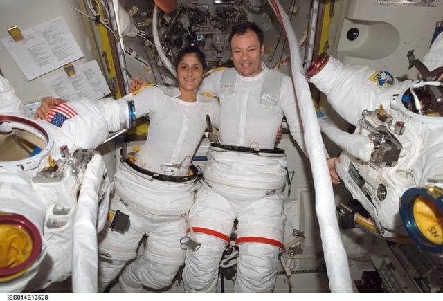 NASA image: Lopez-Alegria and Williams in Quest airlock