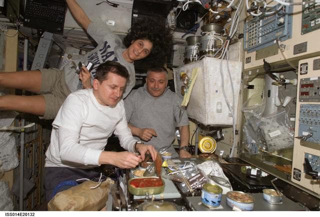 NASA image: Expedition 14 and 15 crew share a meal