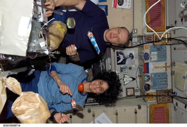 NASA image: Williams and Yurchikhin share a meal in the SM during Expedition 15