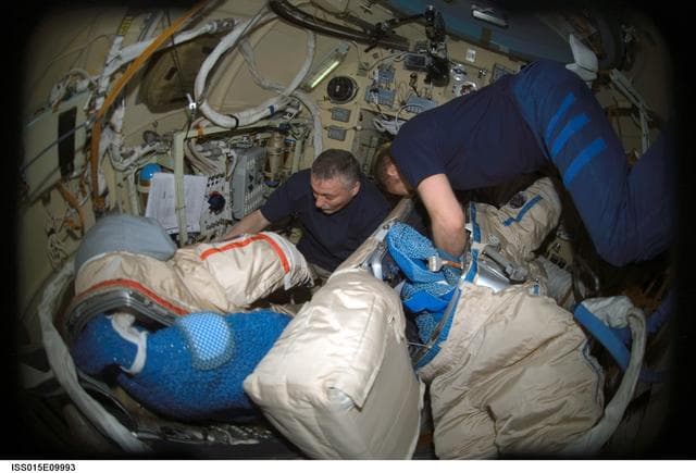NASA image: View of Yurchikhin and Kotov in the DC1 during Expedition 15