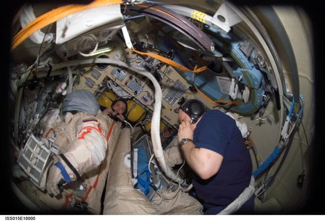 NASA image: View of Yurchikhin and Kotov in the DC1 during Expedition 15