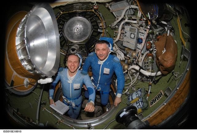 NASA image: View of Yurchikhin and Kotov in the SM Transfer Compartment during Expedition 15