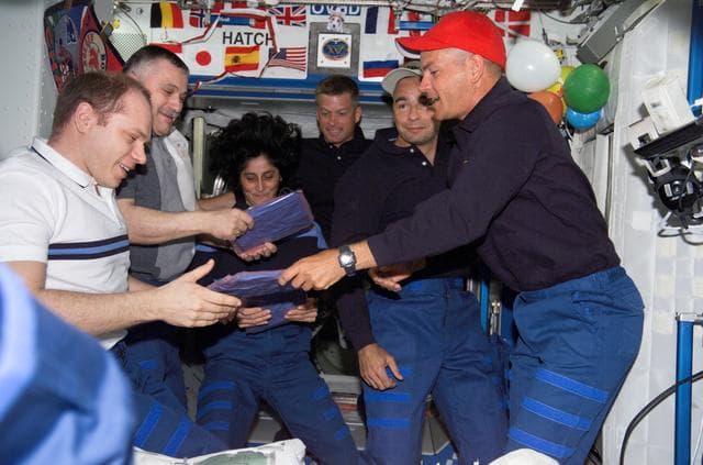 NASA image: View of Expedition 15 and STS-117 Crewmembers meeting in the US Lab