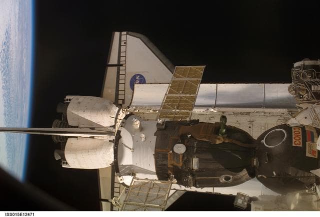 NASA image: View of the Soyuz and Atlantis docked to the ISS during Expedition 15