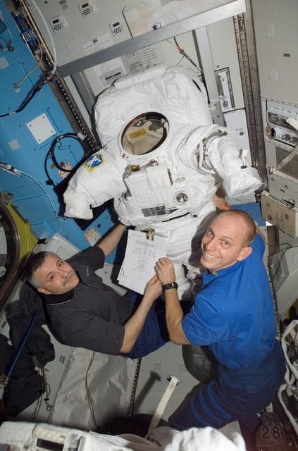 NASA image: View of Yurchikhin and Anderson posing for a photo in the A/L during Expedition 15
