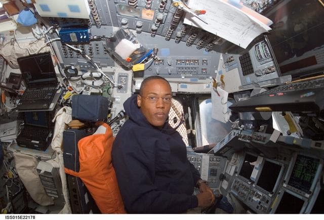 NASA image: Drew sits at Commanders seat in the FD on Space Shuttle Endeavor during Joint Operations