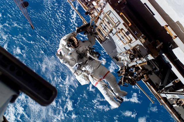 NASA image: MS Mastracchio working on the S1 Truss during EVA 3 for Expedition 15 / STS-118 Joint Operations