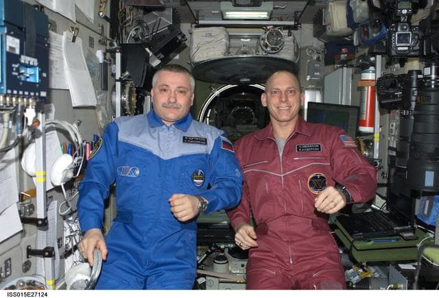 NASA image: View of Yurchikhin and Anderson posing for a photo in the SM during Expedition 15