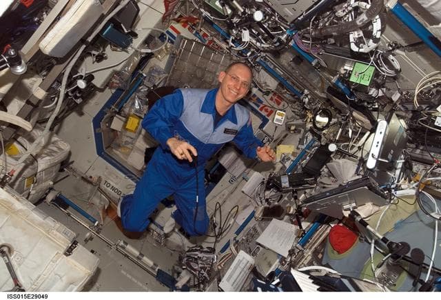 NASA image: View of Anderson during a private conference via S and Ku Band Receiver in the US Lab during Expedition 15