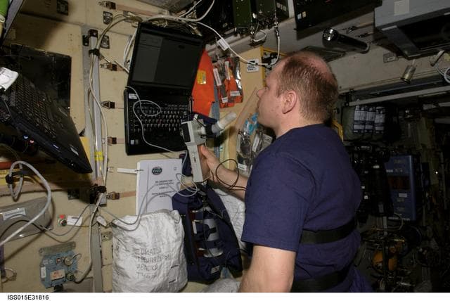 NASA image: View of Kotov performing the Dykhanie Experiment in the SM