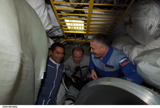 NASA image: Expedition 15 Crewmembers and Spaceflight Participant greet one another after the Soyuz docking