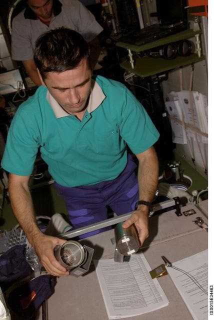 NASA image: View of Expedition 16 FE Malenchenko working on the Bioemulsion Experiment