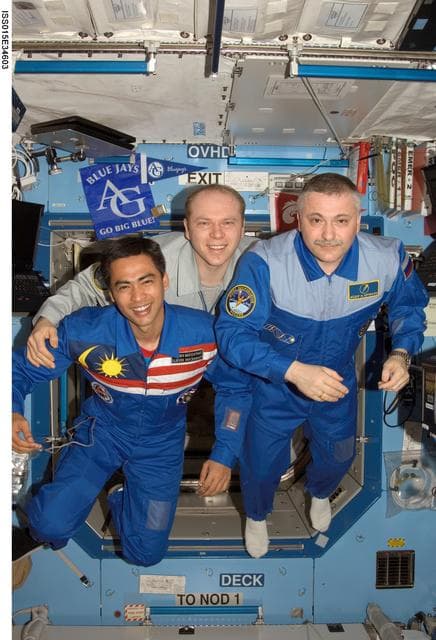 NASA image: Expedition 15 Crewmembers and Spaceflight Participant pose for a photo in the US Lab