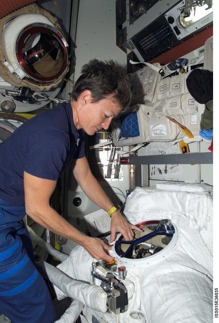 NASA image: Expedition 16 CDR Whitson works with an EMU