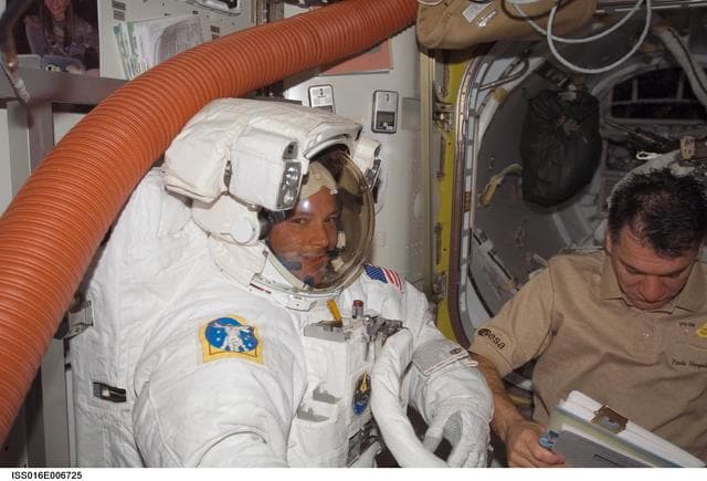 NASA image: Wheelock and Nespoli in the A/L prior to EVA 1