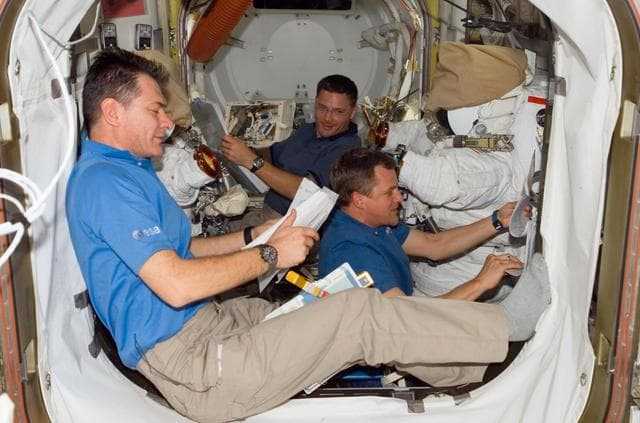 NASA image: Nespoli, Wheelock and Parazynski in the A/L