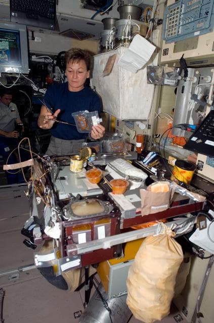 NASA image: Whitson prepares a meal in the SM