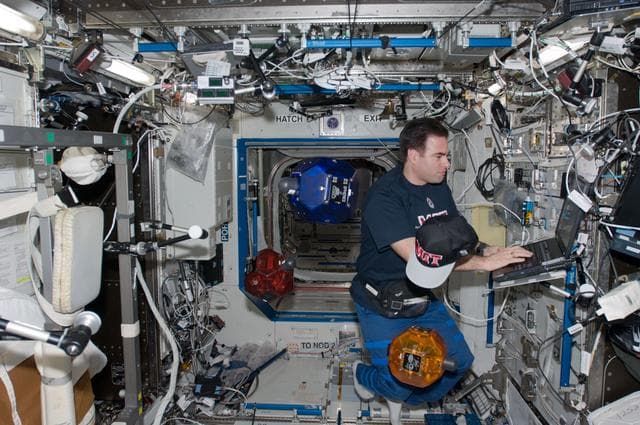 NASA image: Chamitoff with SPHERES in the U.S. Laboratory