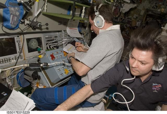 NASA image: Volkov and Kononenko prepare for the undocking of the ESA Jules Verne ATV during Expedition 17