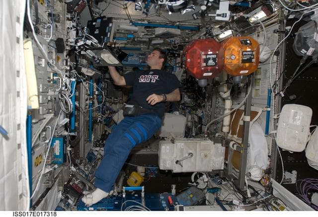 NASA image: Chamitoff performs a 3.5 hour run with the SPHERES Payload in the U.S. Laboratory during Expedition 17