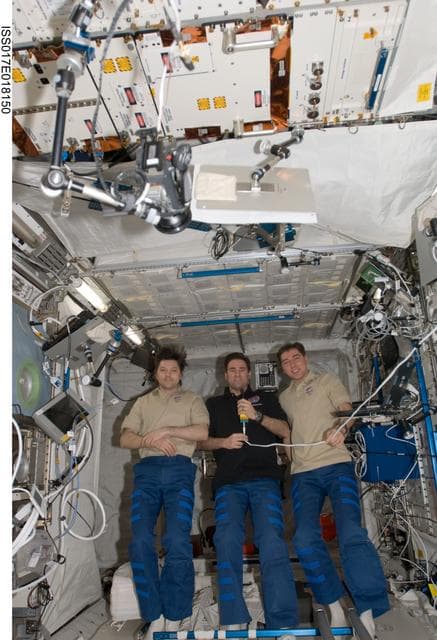 NASA image: Expedition 17 Crewmembers participate in a Press Conference during Expedition 17