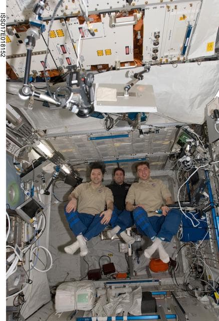 NASA image: Expedition 17 Crewmembers participate in a Press Conference during Expedition 17