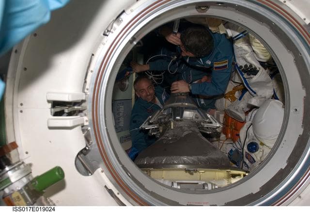 NASA image: Lonchakov and Garriott after arrival of the Soyuz TMA-13 Spacecraft