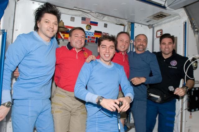 NASA image: Expedition 17 and 18 Crewmembers in the Node 2 during Joint Operations