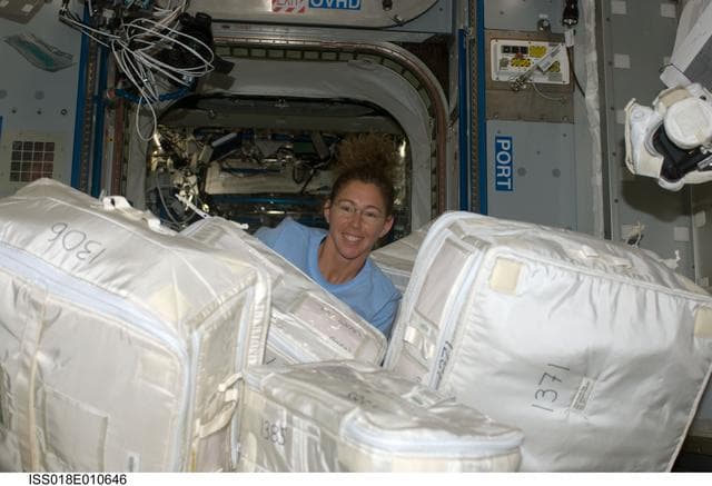 NASA image: ISS Expedition 18 Sandra Magnus with stowage bags in Node 2