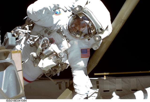 NASA image: STS-119 Extravehicular Activity (EVA) 1 Swanson waves to camera