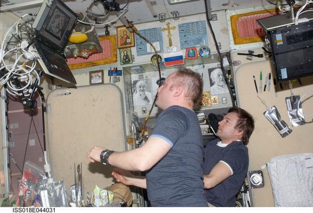 NASA image: Fincke and Lonchakov view Soyuz TMA-14 (18S) Launch on Laptop