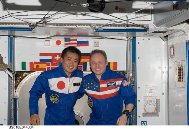 NASA image: Expedition 18 Group photo with Wakata and Fincke in Node 2 Harmony
