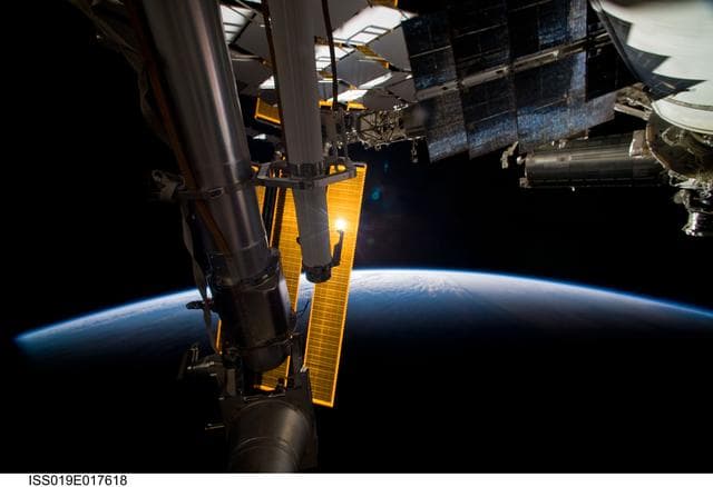 NASA image: Looking out the port/foward looking window of the Docking Compartment