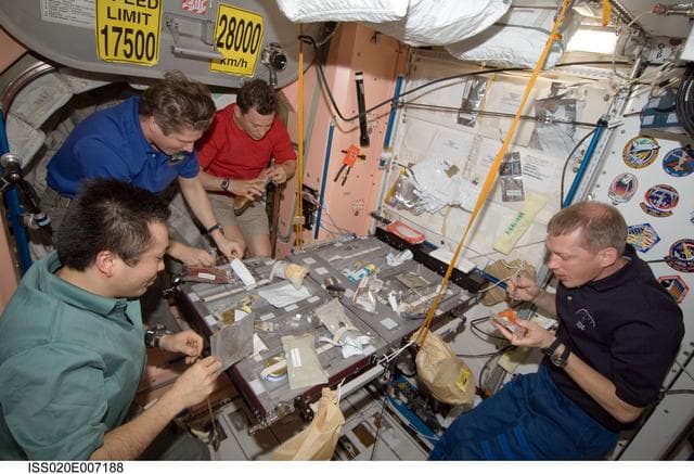 NASA image: Expedition 20 crew share meal in Node 1
