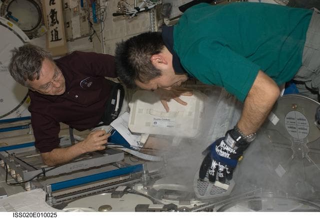 NASA image: Wakata and Thirsk with MELFI in KIBO