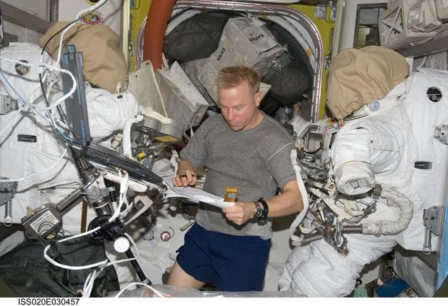 NASA image: Kopra in Airlock with EMUs