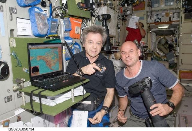 NASA image: Thirsk and Laliberte in Service Module.