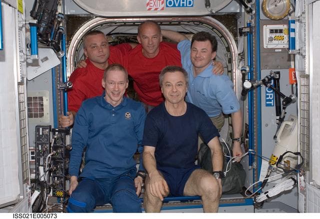 NASA image: View of Expedition 21 Crew Members posing for a photo in the Node 2