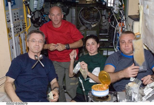 NASA image: View of Expedition 21 Crew Members having lunch in the SM