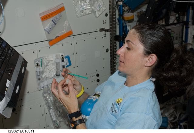 NASA image: FE-2 Stott analyzes Water Samples using the CQQMK in the US Lab