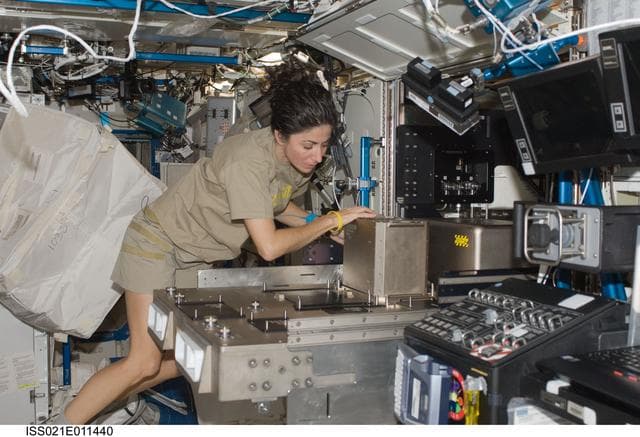 NASA image: View of FE Stott installing hardware on the Fluids Integrated Rack (FIR)