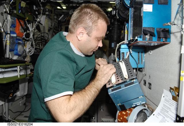 NASA image: FE-1 Suraev prepares a new version of the BIO-5 Rasteniya-2 Experiment