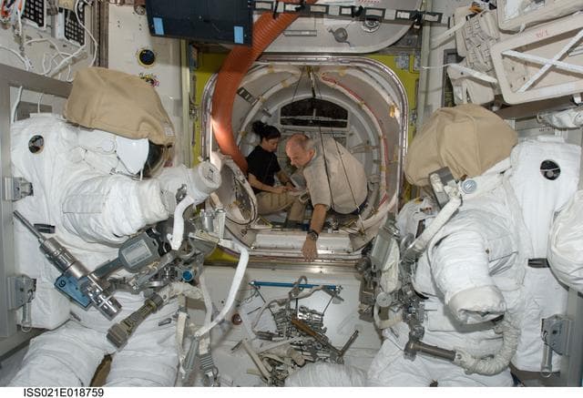 NASA image: View of Expedition 21 Crew Members working in the Airlock