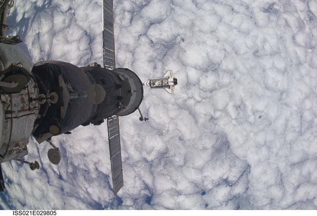 NASA image: View of the Shuttle Atlantis approaching the ISS