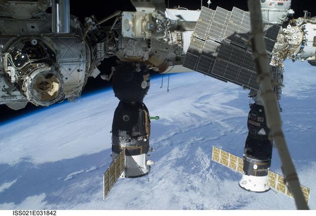 NASA image: Exterior view of the ISS taken during EVA3