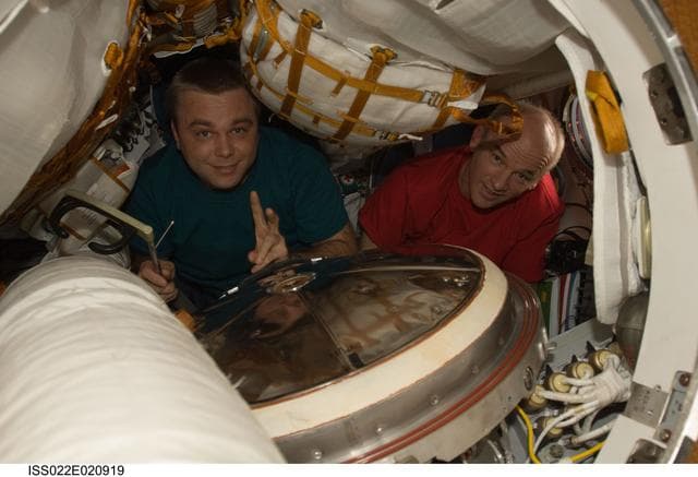 NASA image: Williams and Suraev in the Soyuz Spacecraft during Expedition 22
