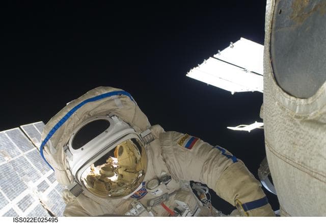 NASA image: Suraev works to setup the Mini-Research Module 2 (MRM2) during EVA 24