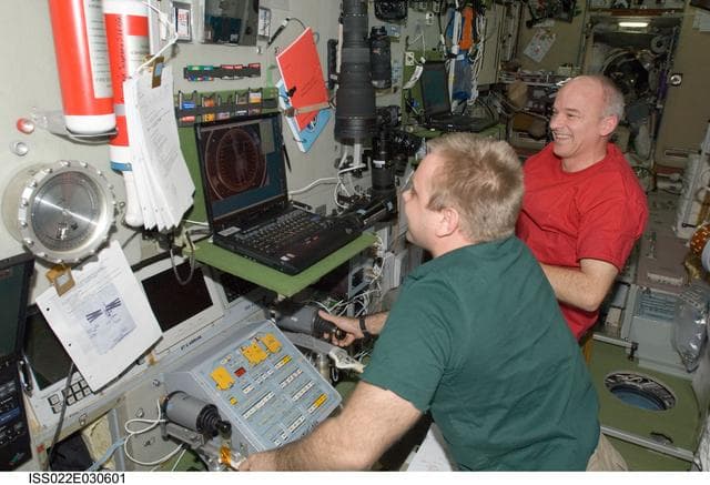 NASA image: Suraev and Williams in the SM during Expedition 22